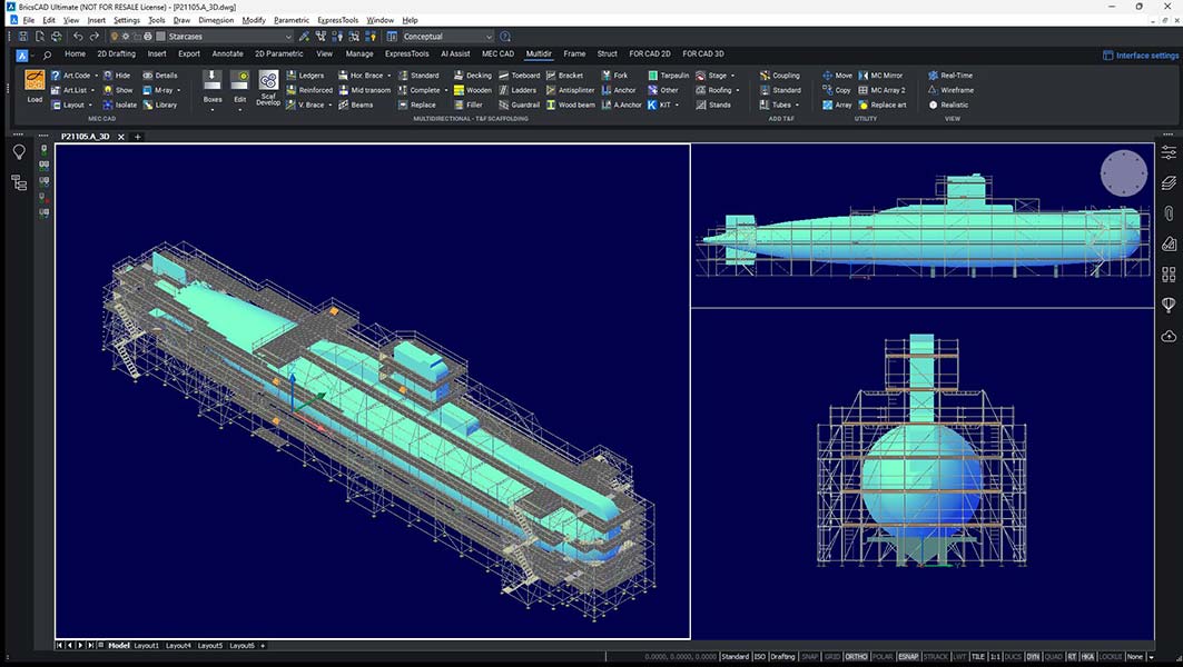 Viste CAD 3D del progetto di ponteggi per la manutenzione di uno scafo navale