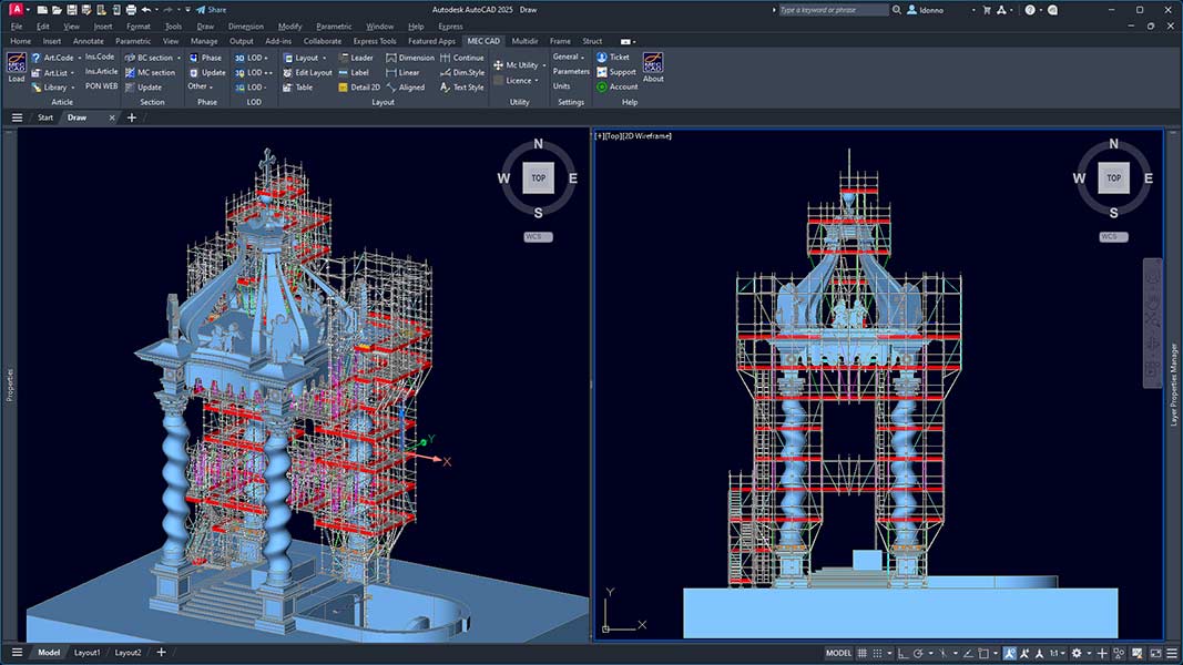 Disegno Autocad 3D del ponteggio per manutenzione chiesa Vaticano fatto con il software PON CAD