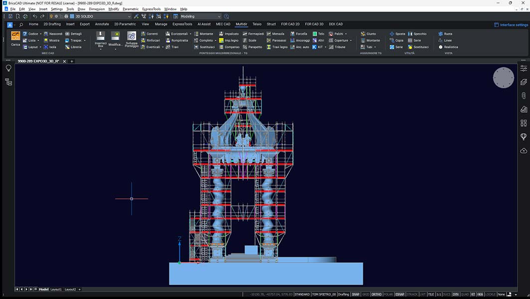 Vista frontale del progetto PON CAD di ponteggio per la manutenzione dell'altare dei San Pierto nel Vaticano