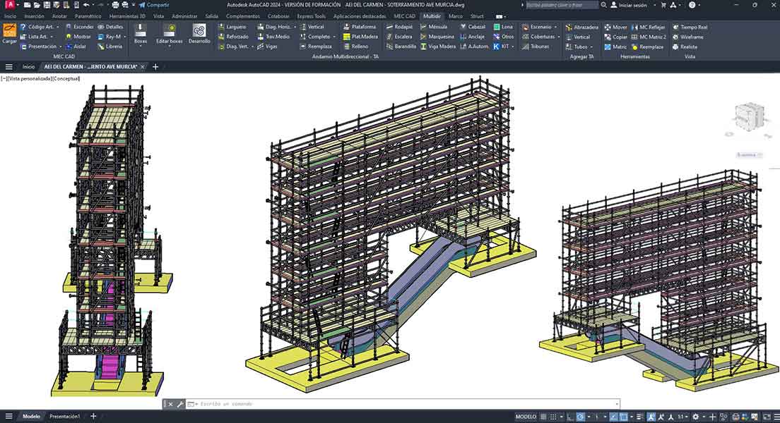 Proyecto rendering PON CAD de andamio mantenimiento escaleras en 3D