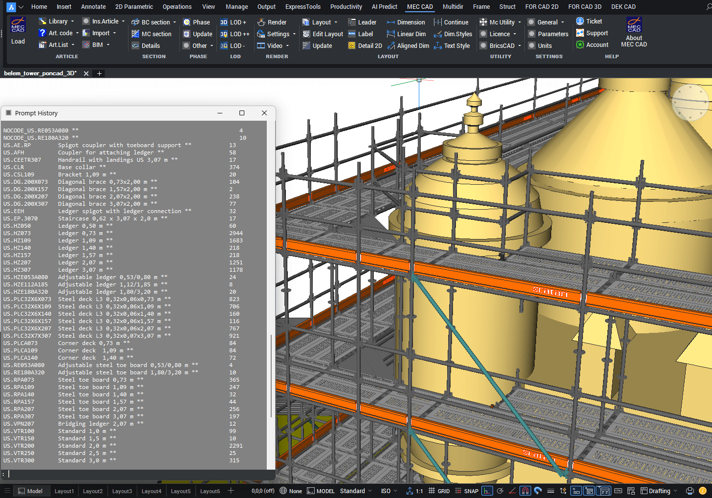 Scaffolding material list for Catari DWG BIM